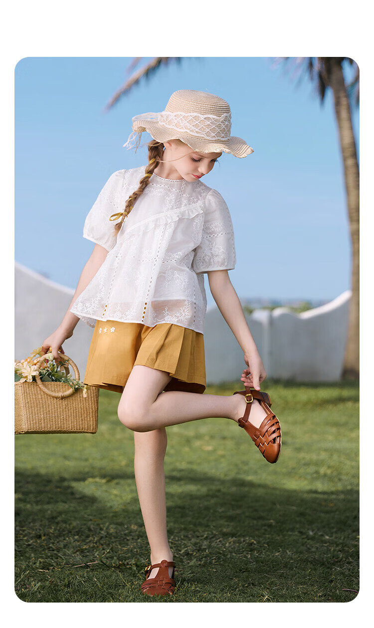 CHANZUIGOU Girls French Style Hollow Embroidered Top 2026 Summer New Breathable Short Sleeve Shirt 16